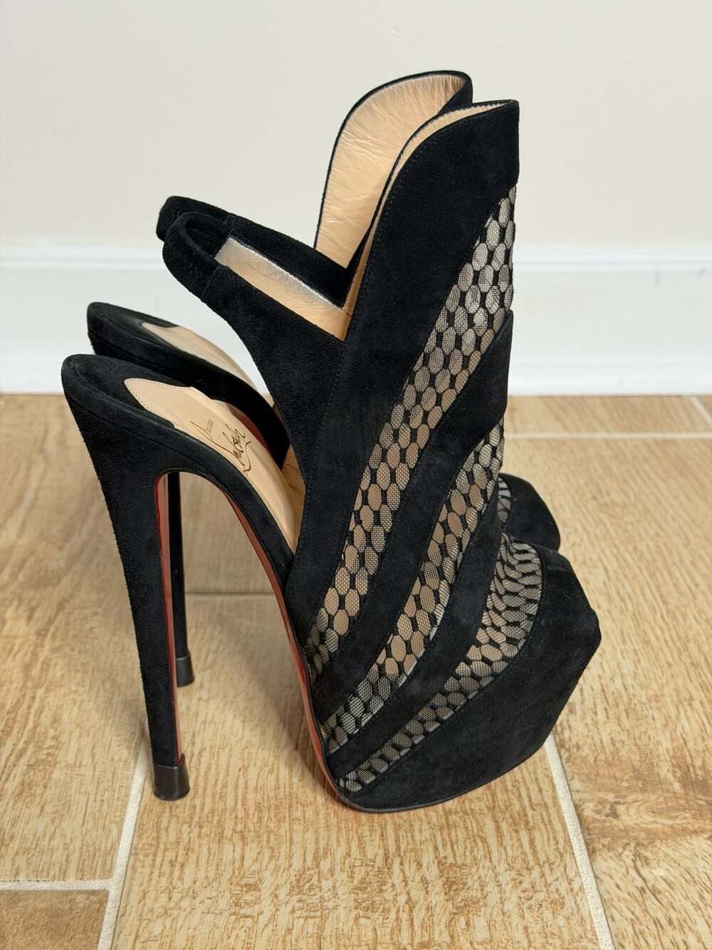 Christian Louboutin Guizi Veau Velours Black Suede & Mesh Slingback Heels